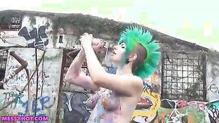 MessyHot model Mayhem an ultra cute punk girl w/ green mohawk applies icing to her already covered body [GIF]