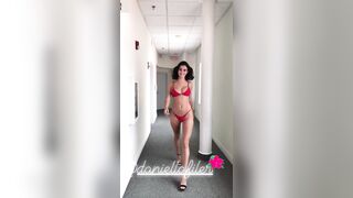Daniella Filer red bikini black heels
