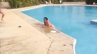 Trying to jump across the swimming pool