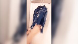 Fingering and BJ in changing room before wiping cum load off tits with shorts and putting them on shelves