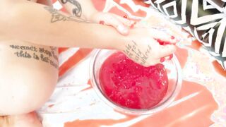 Gif contains- chubby naked girl, lots of jello, and tiny feet