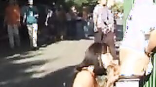 Guy gets blowjob as people walk by