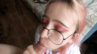 Cum covered glasses, blowjob eye contact