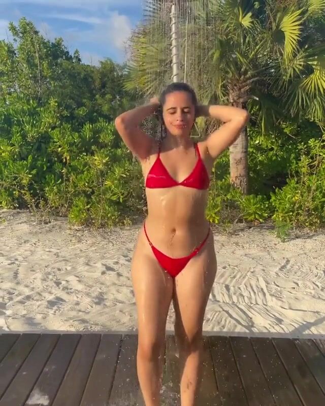 Camila Cabello Showering in a Red Bikini.