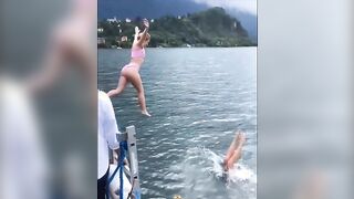 Alicia Agneson jumping into a lake
