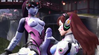 Widow and D.va omg and a drop of precum rolling down her dick (unknown)