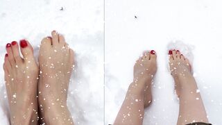 Happy Funny Feet Plays In The Snow