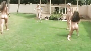 Nude backyard gymnastics